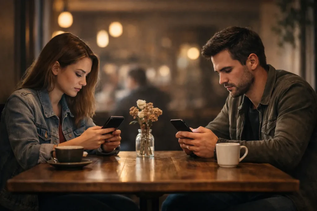why modern dating feels so confusing couple sitting together but emotionally distant
