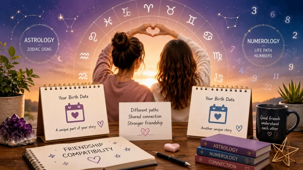 Two friends making a heart shape beneath a zodiac wheel, illustrating birth date friendship compatibility